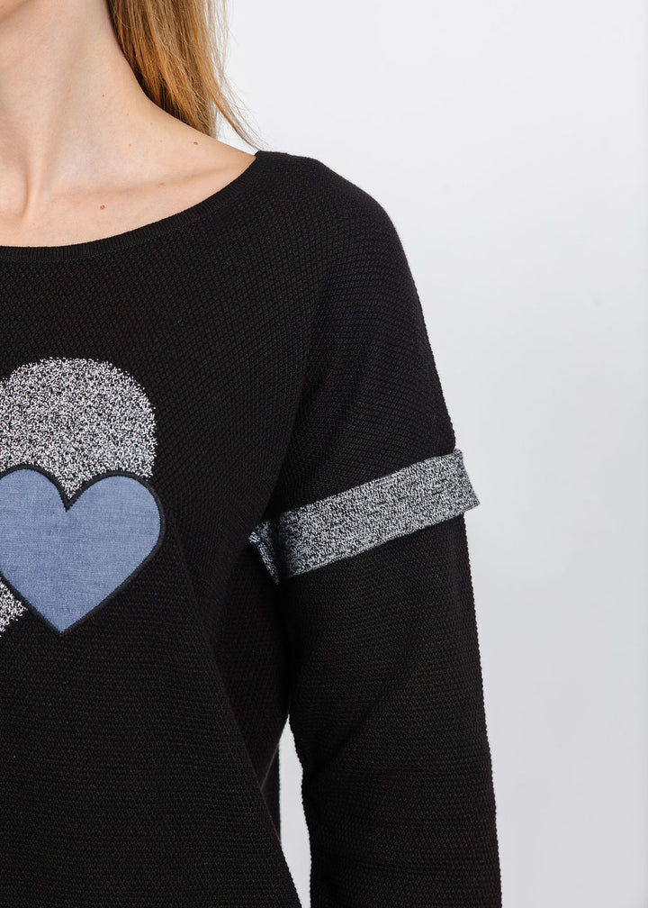 BK Double Heart Crew Sweater in Black/Blue available at Barbara Katz