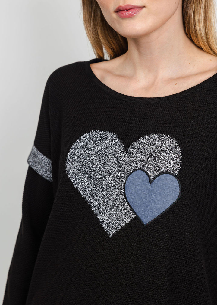 BK Double Heart Crew Sweater in Black/Blue available at Barbara Katz