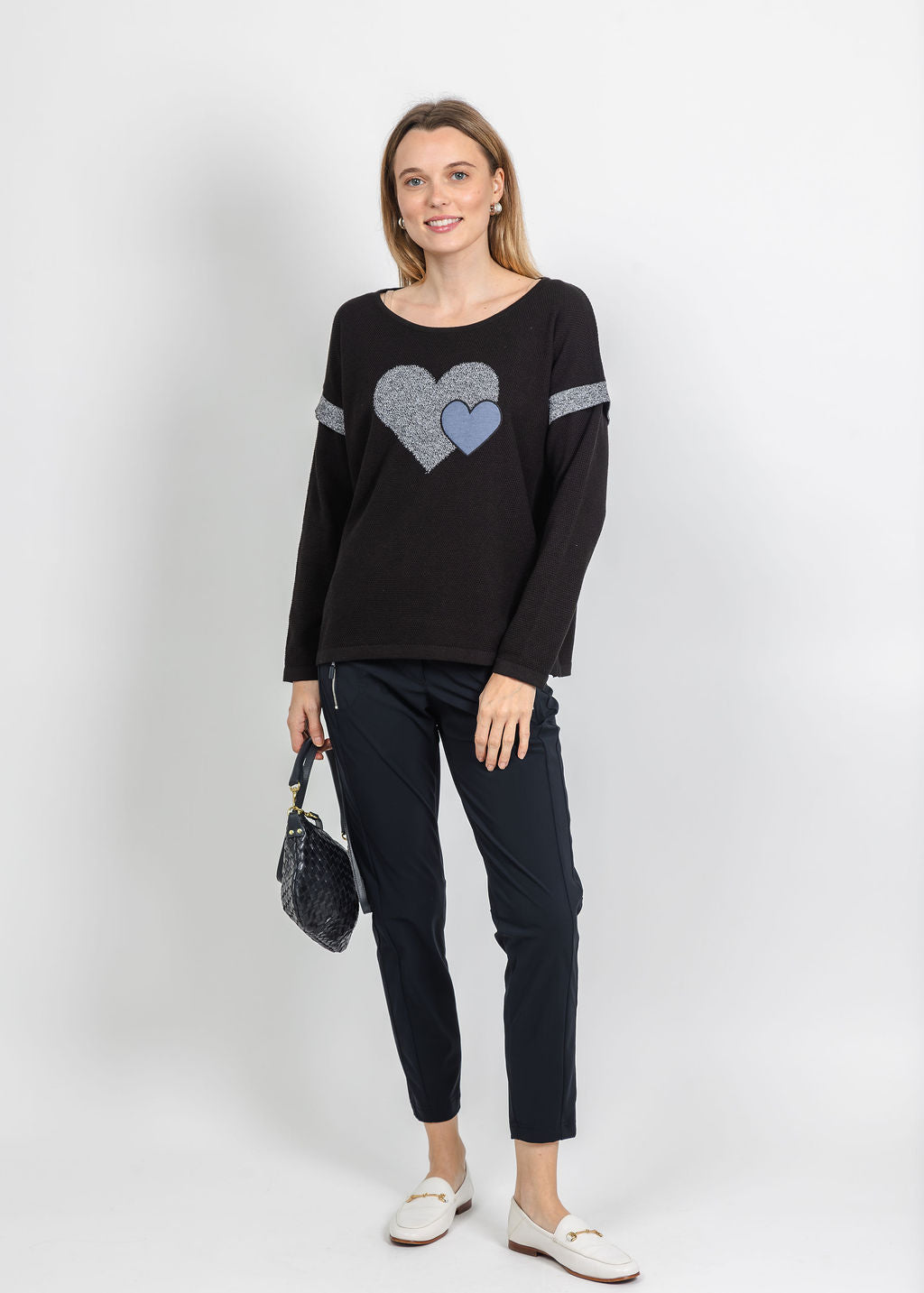 BK Double Heart Crew Sweater in Black/Blue available at Barbara Katz