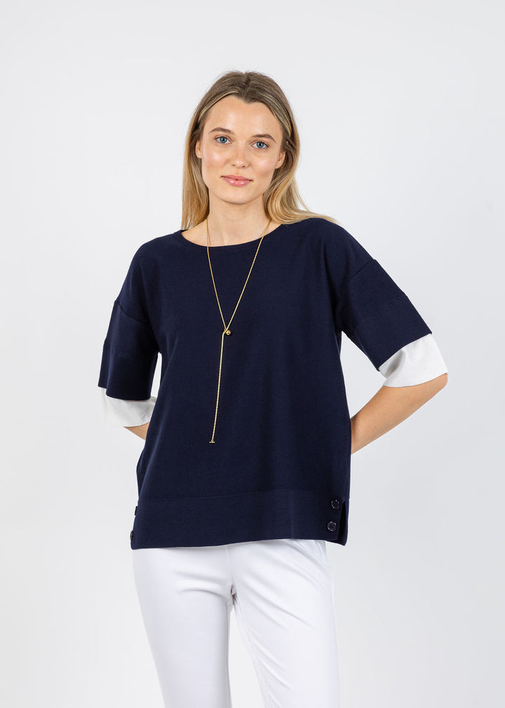BK  Double Layer Short Sleeve Sweater in Navy/White available at Barbara Katz