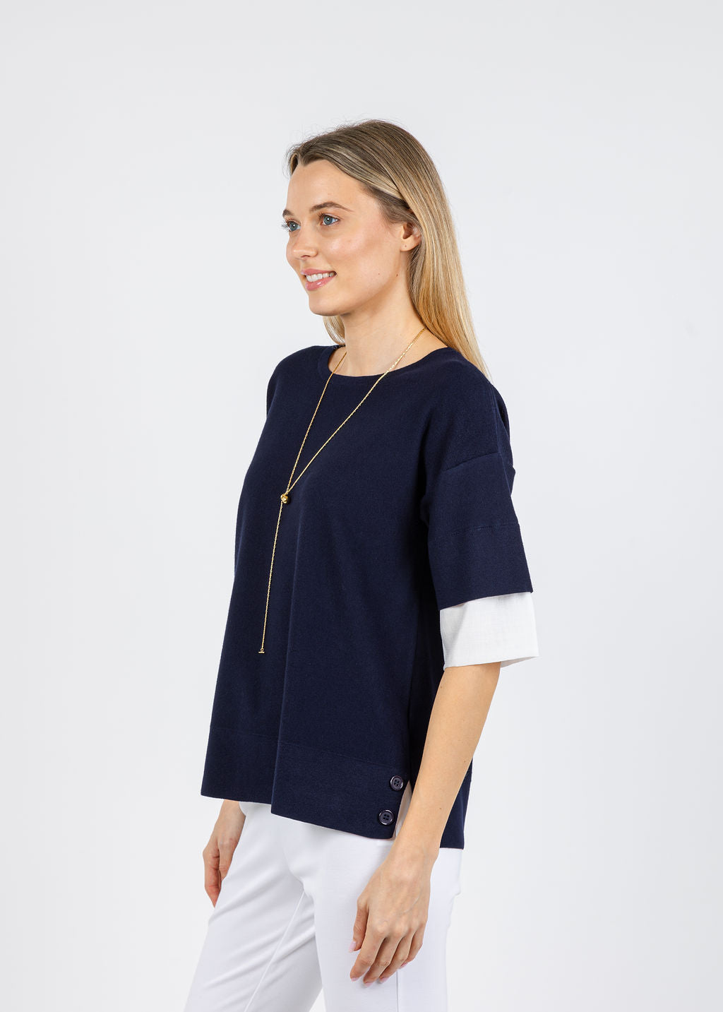 BK  Double Layer Short Sleeve Sweater in Navy/White available at Barbara Katz