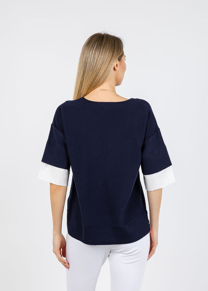 BK  Double Layer Short Sleeve Sweater in Navy/White available at Barbara Katz