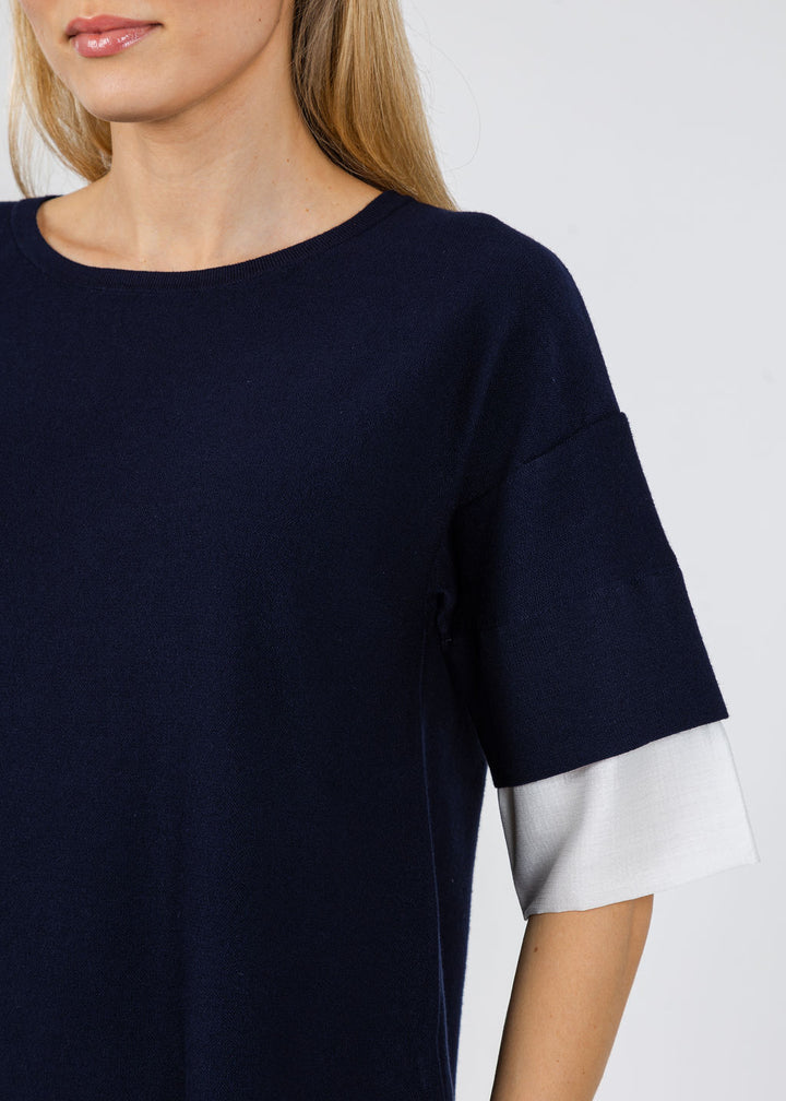 BK  Double Layer Short Sleeve Sweater in Navy/White available at Barbara Katz