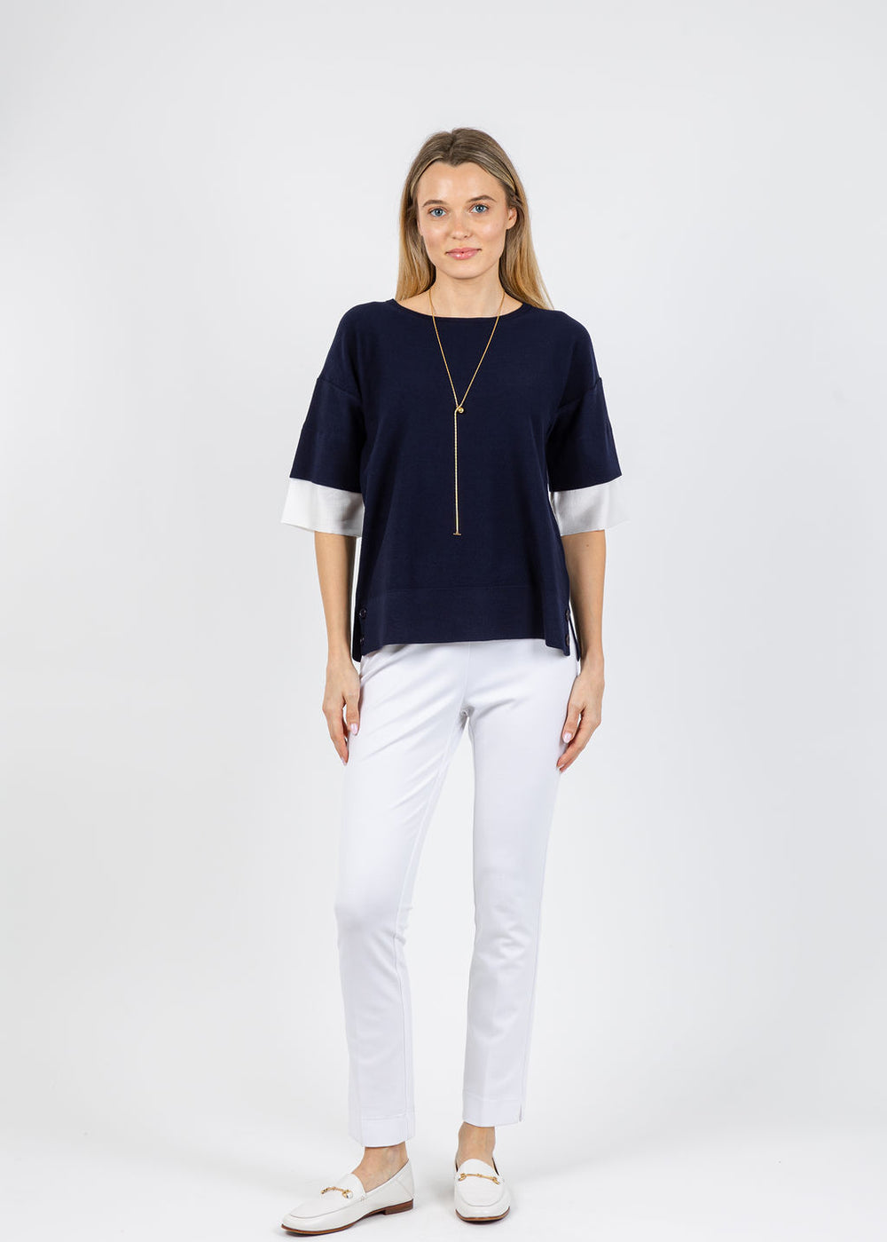 BK  Double Layer Short Sleeve Sweater in Navy/White available at Barbara Katz