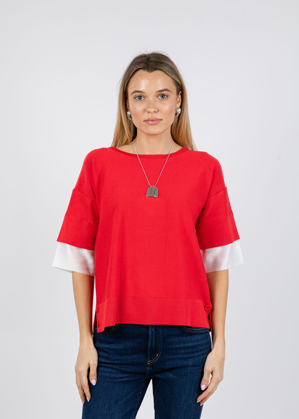 BK  Double Layer Short Sleeve Sweater in Red/White available at Barbara Katz