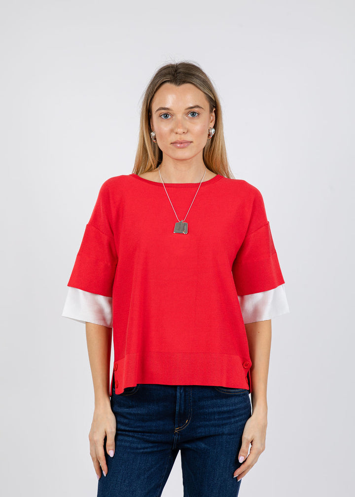 BK  Double Layer Short Sleeve Sweater in Red/White available at Barbara Katz