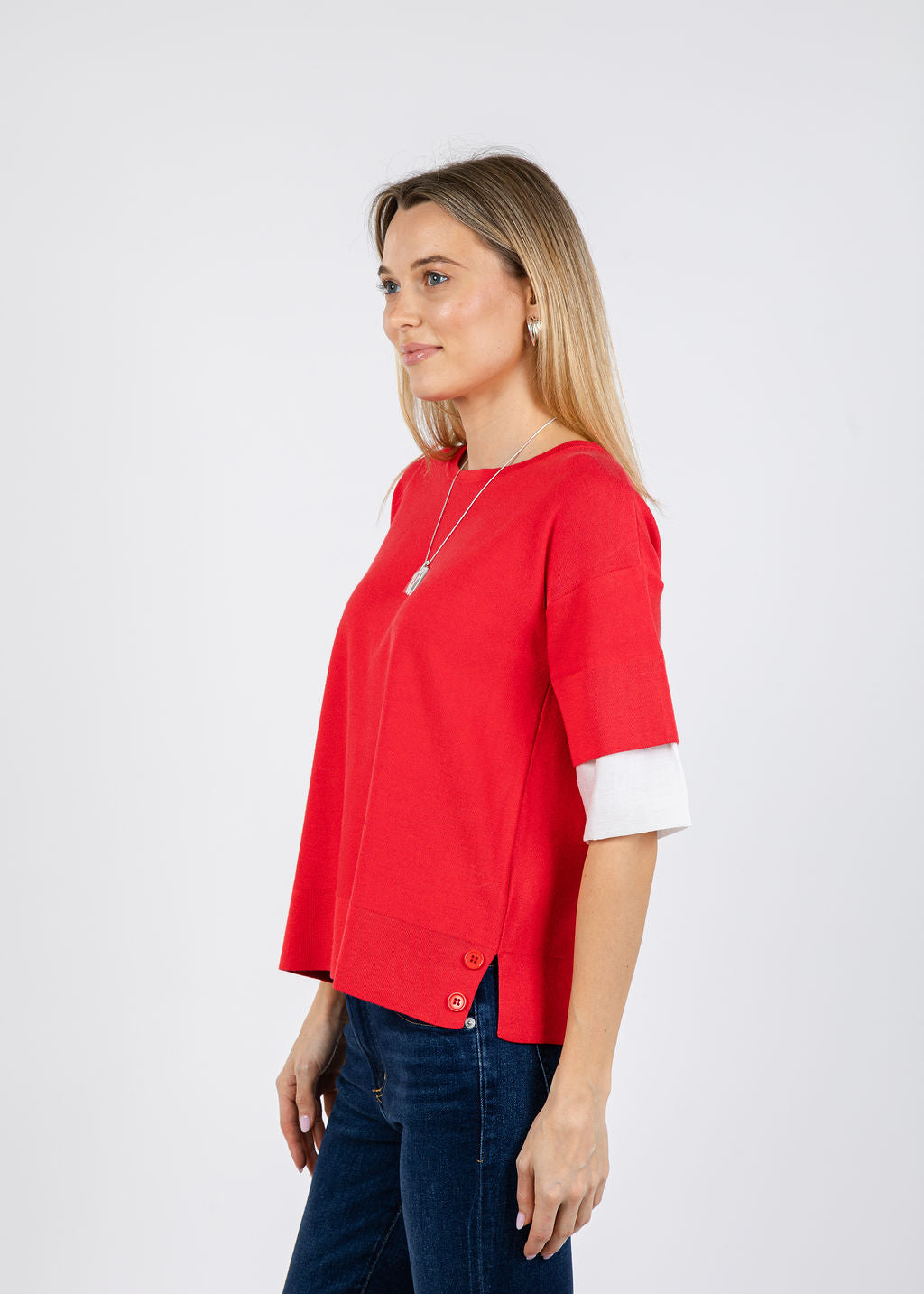 BK  Double Layer Short Sleeve Sweater in Red/White available at Barbara Katz