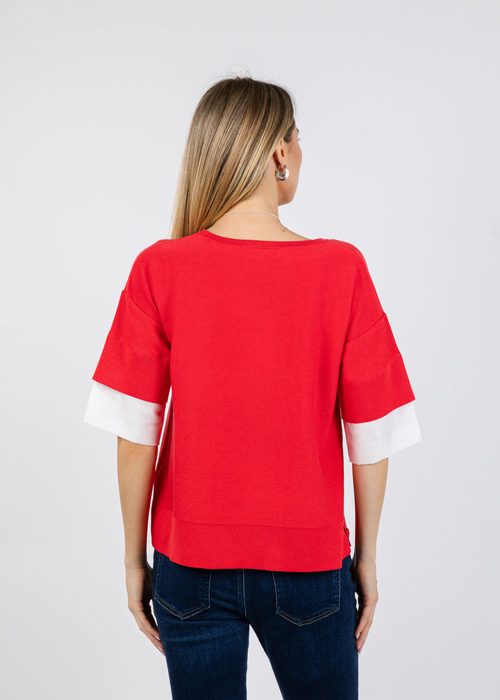 BK  Double Layer Short Sleeve Sweater in Red/White available at Barbara Katz