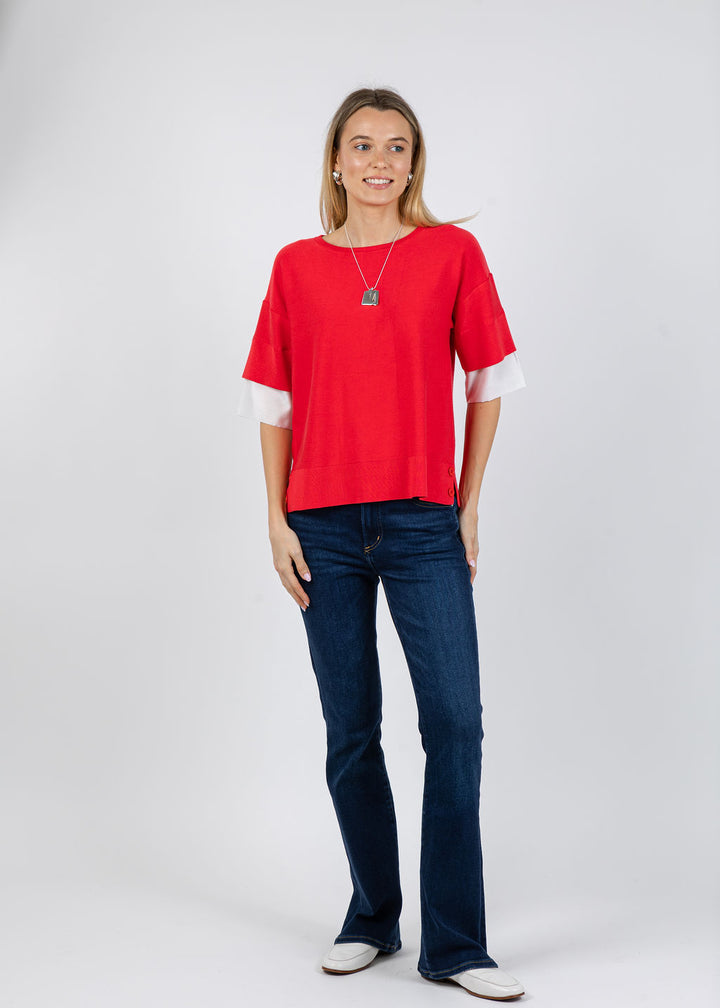 BK  Double Layer Short Sleeve Sweater in Red/White available at Barbara Katz