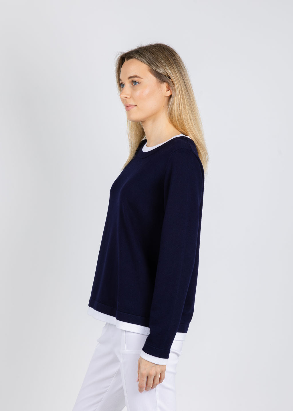BK Double Layer Sweater in Navy/White available at Barbara Katz
