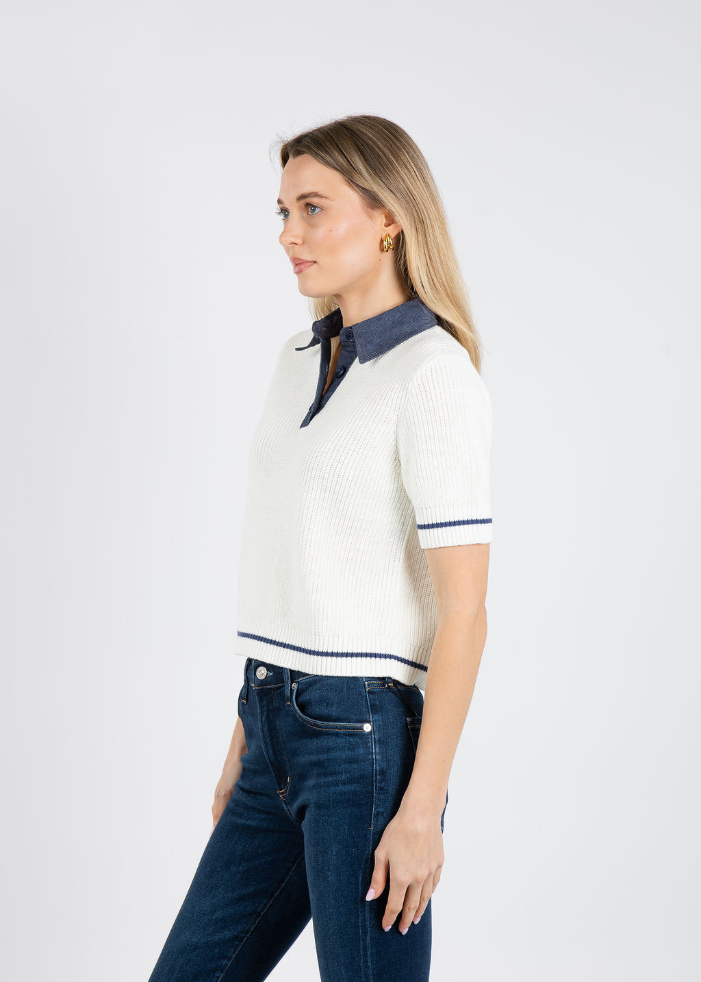 BK Eden Short Sleeve Denim Collared Polo in Ivory available at Barbara Katz