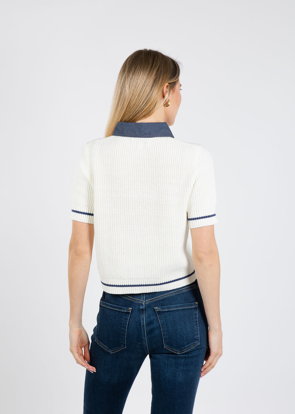 BK Eden Short Sleeve Denim Collared Polo in Ivory available at Barbara Katz