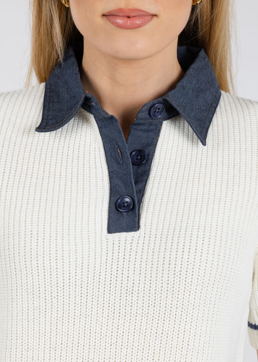 BK Eden Short Sleeve Denim Collared Polo in Ivory available at Barbara Katz