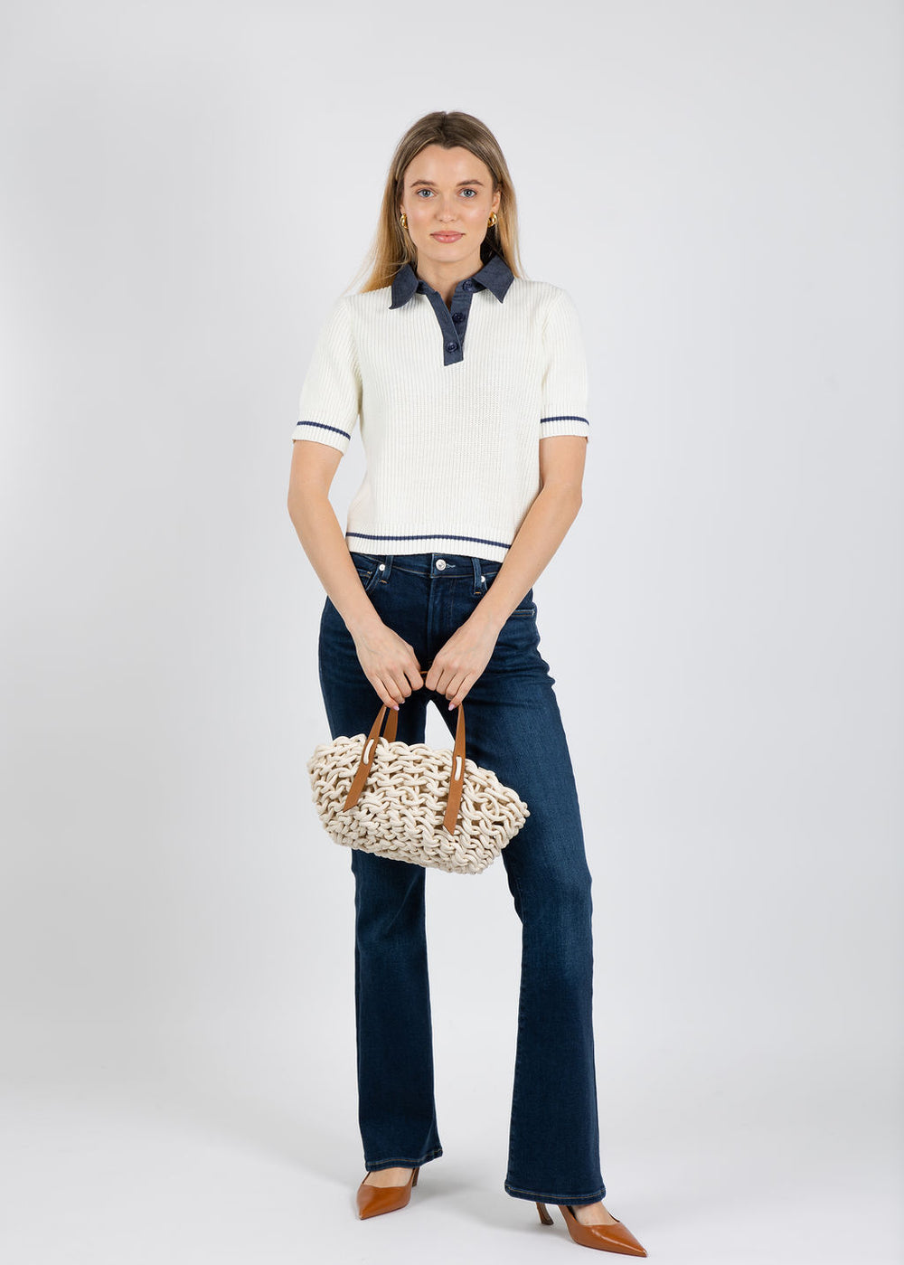BK Eden Short Sleeve Denim Collared Polo in Ivory available at Barbara Katz