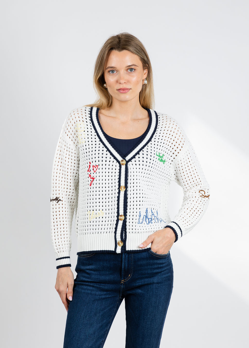 BK Ellie Embroidered Cardigan in Ivory available at Barbara Katz