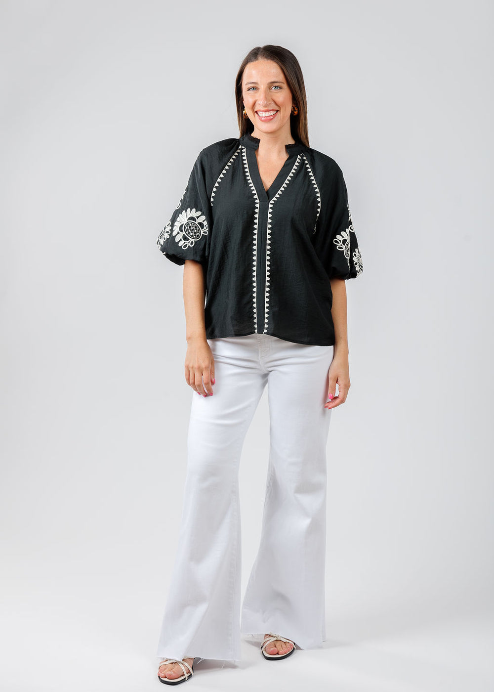 BK Embroidered Puff Sleeve V-Neck Top in Black paired with Pistola Denim Izzy Wide Leg Crop Jeans in Vivid White available at Barbara Katz