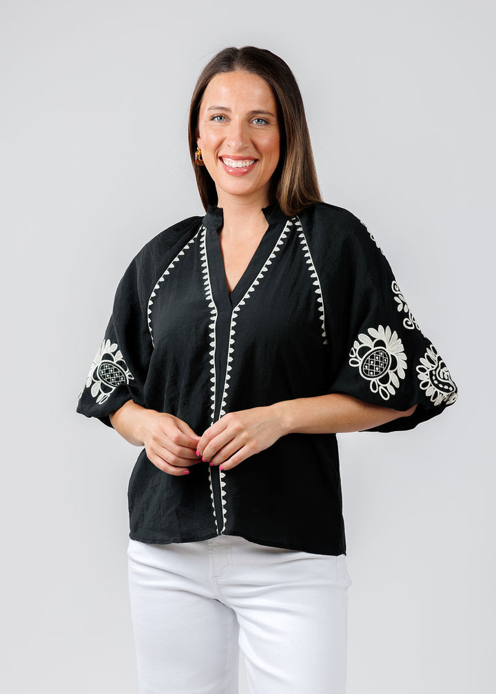 BK Embroidered Puff Sleeve V-Neck Top in Black available at Barbara Katz