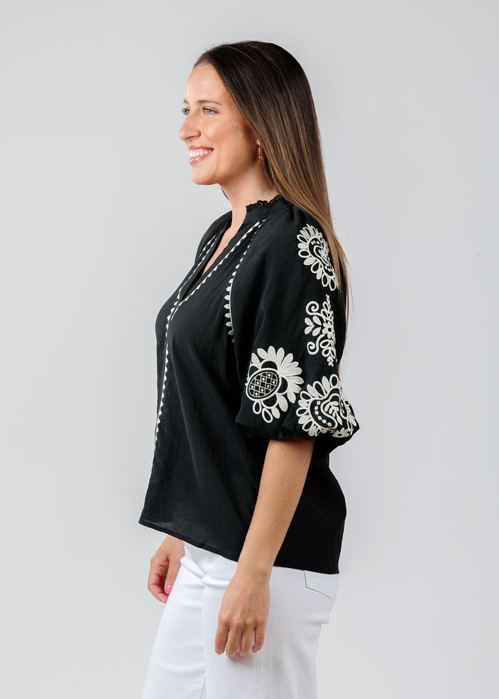BK Embroidered Puff Sleeve V-Neck Top in Black available at Barbara Katz