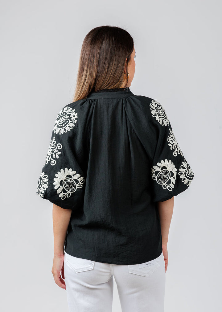 BK Embroidered Puff Sleeve V-Neck Top in Black available at Barbara Katz