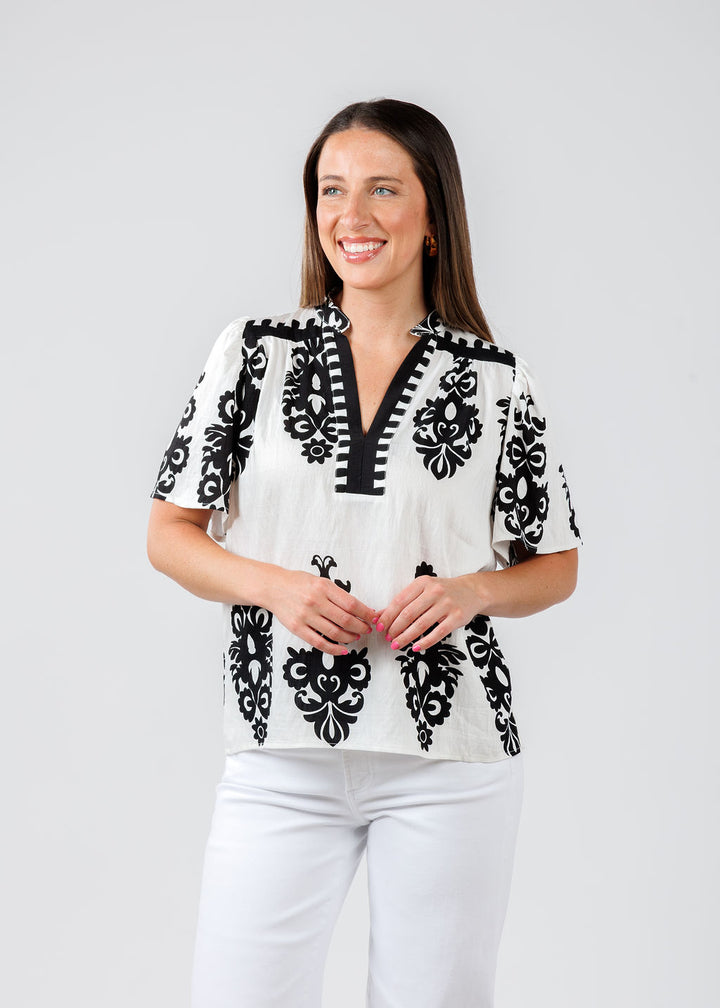 BK Embroidered Split Neck Top in White/Black available at Barbara Katz