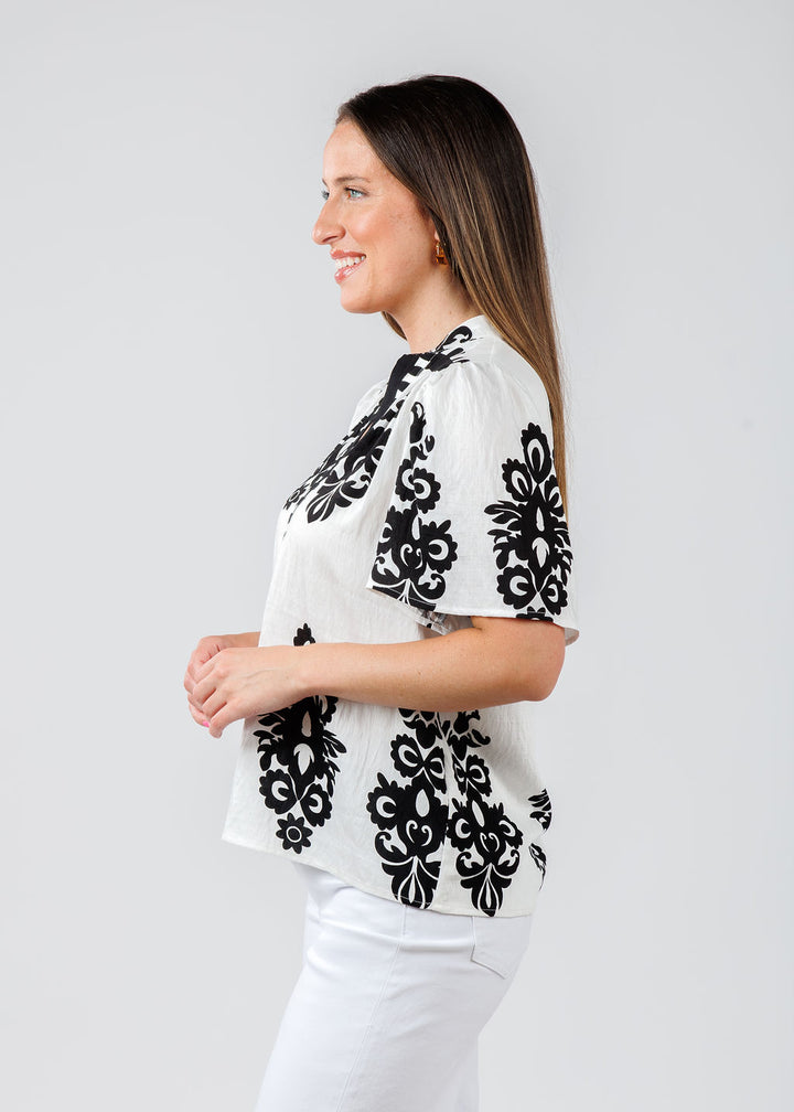 BK Embroidered Split Neck Top in White/Black available at Barbara Katz