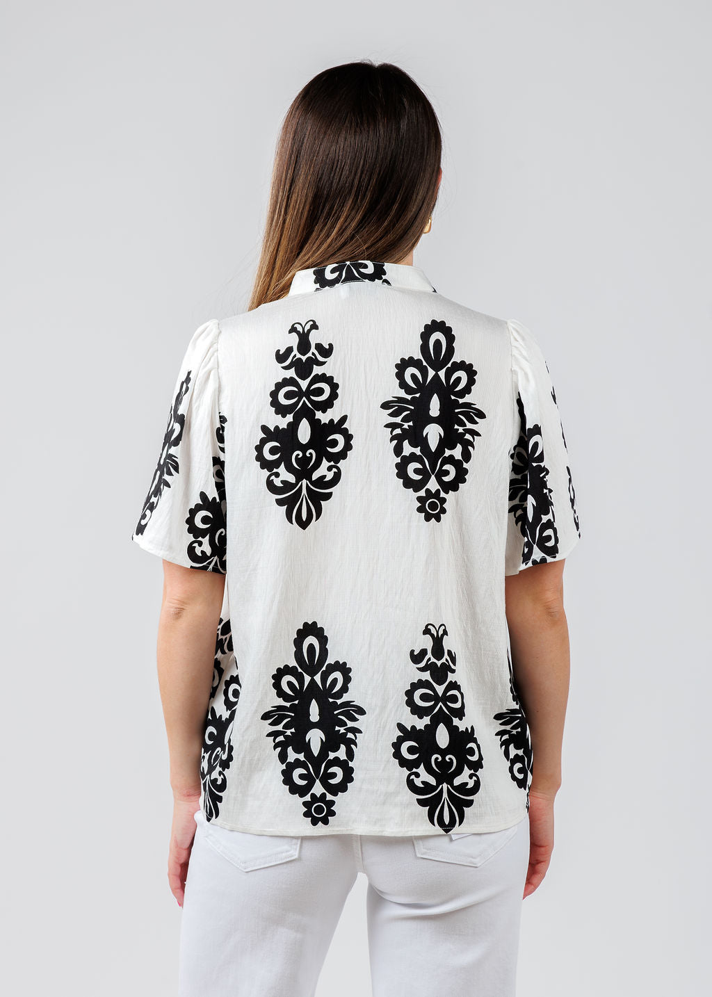 BK Embroidered Split Neck Top in White/Black available at Barbara Katz