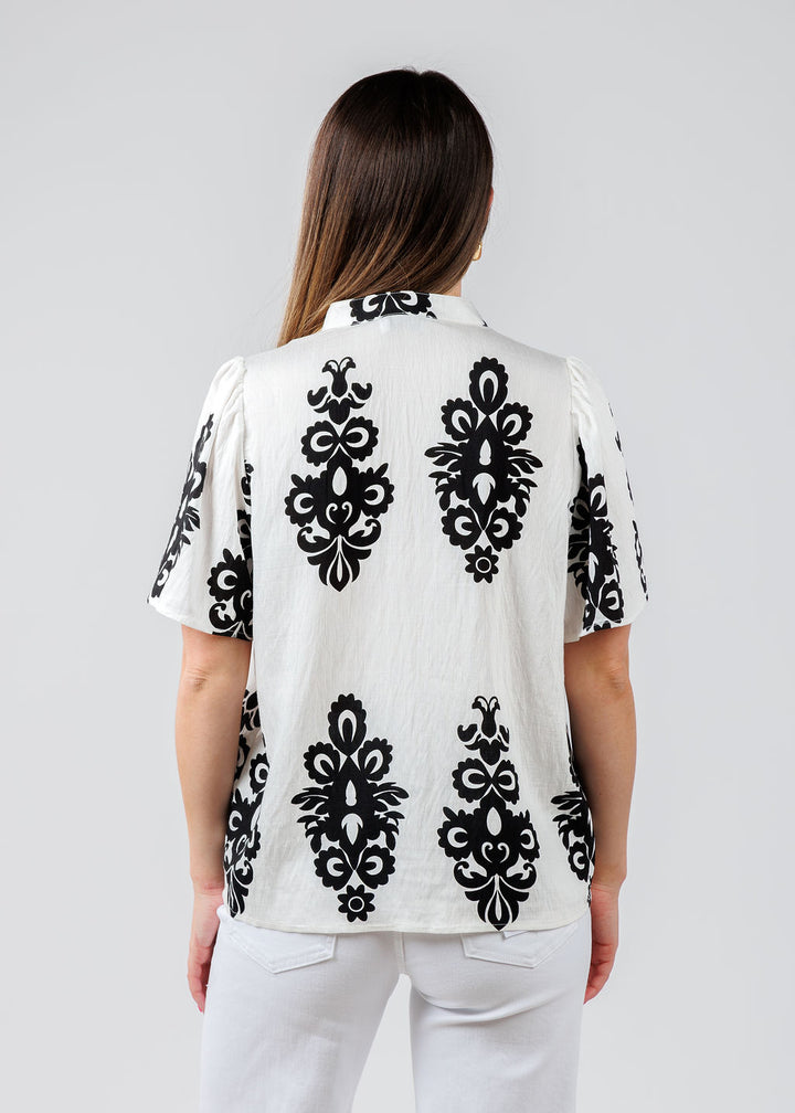 BK Embroidered Split Neck Top in White/Black available at Barbara Katz
