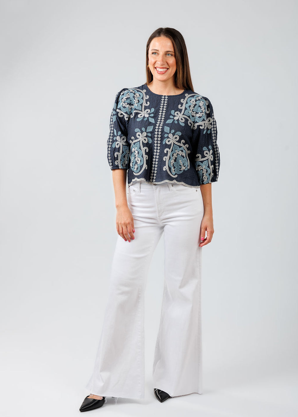 BK Embroidered Textured Top in Blue paired with Pistola Denim Izzy Wide Leg Crop Jeans in Vivid White available at Barbara Katz