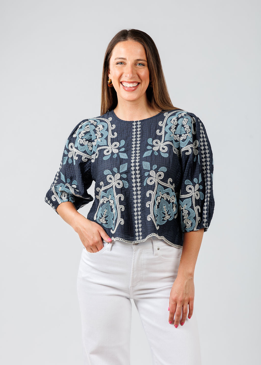 BK Embroidered Textured Top in Blue available at Barbara Katz
