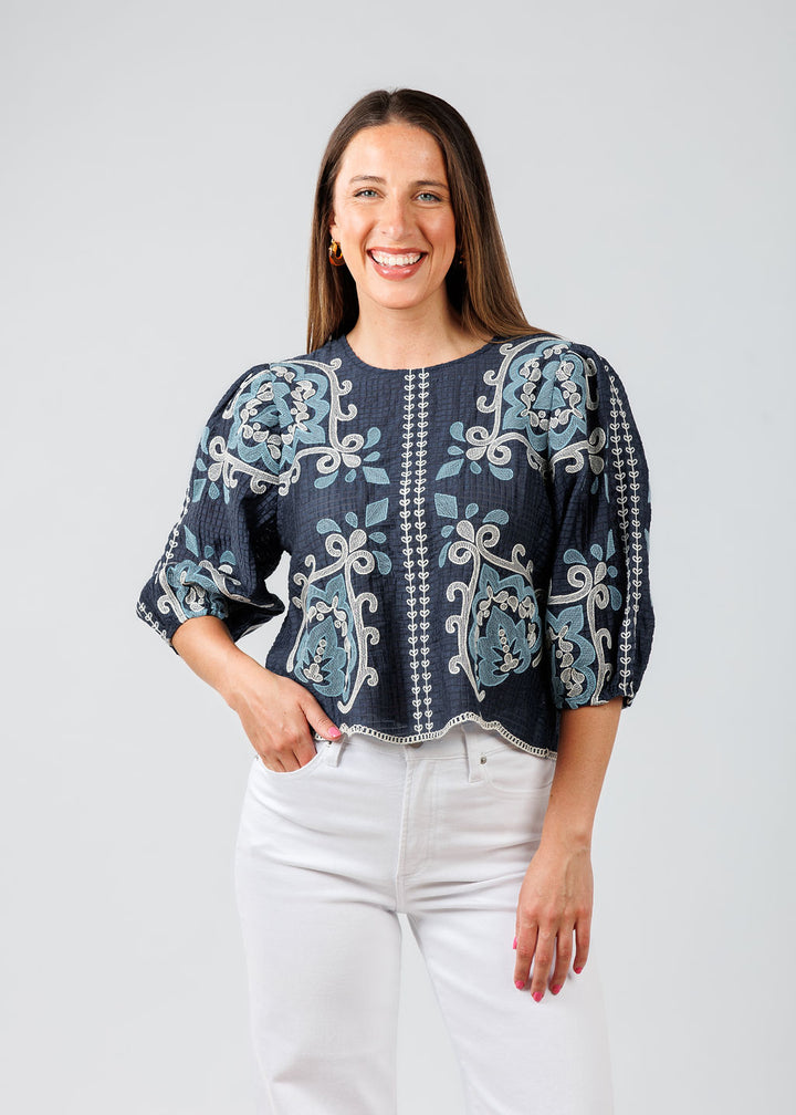 BK Embroidered Textured Top in Blue available at Barbara Katz