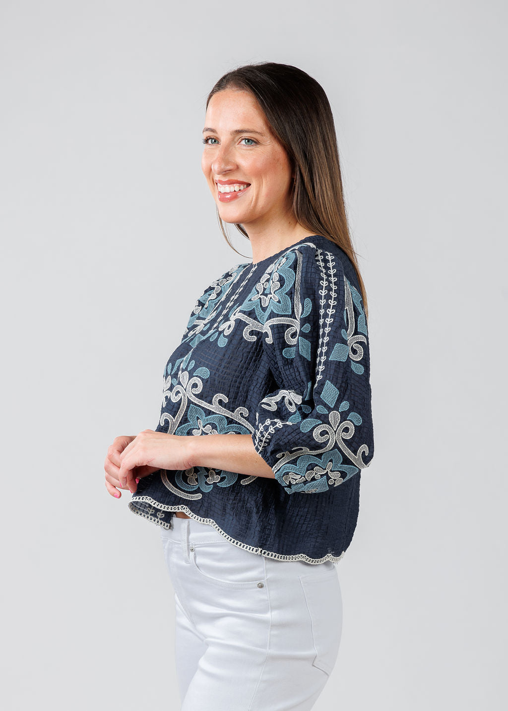 BK Embroidered Textured Top in Blue available at Barbara Katz