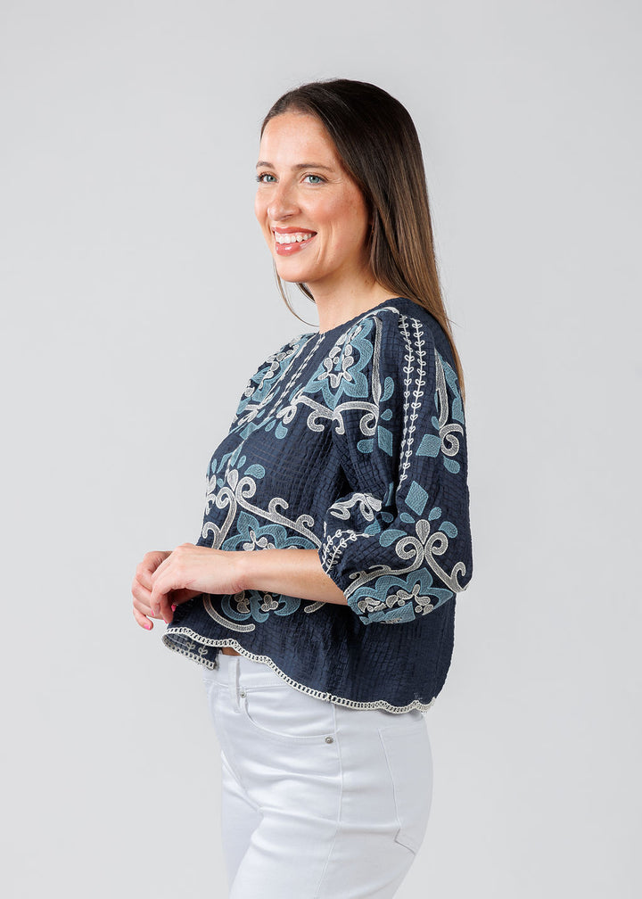 BK Embroidered Textured Top in Blue available at Barbara Katz