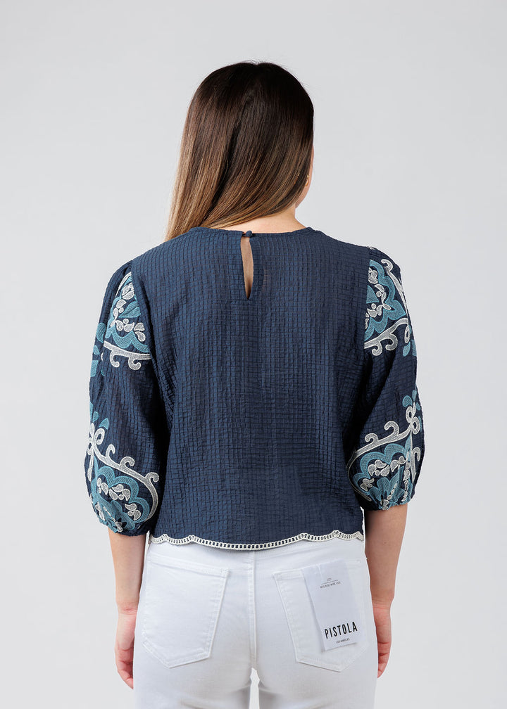 BK Embroidered Textured Top in Blue available at Barbara Katz
