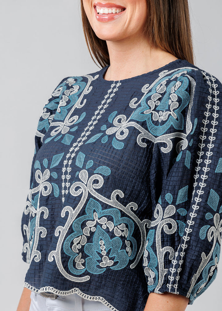 BK Embroidered Textured Top in Blue available at Barbara Katz