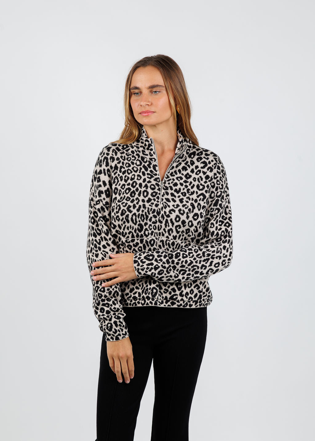 BK Esme Leopard Half-Zip in Biscotti/Ebony available at Barbara Katz