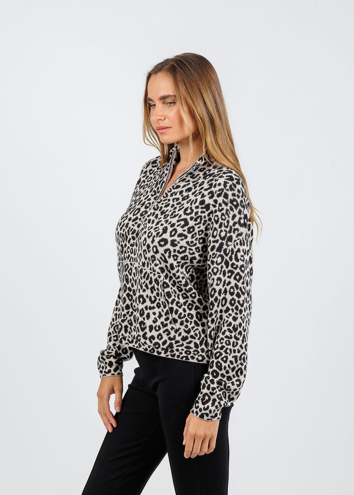 BK Esme Leopard Half-Zip in Biscotti/Ebony available at Barbara Katz