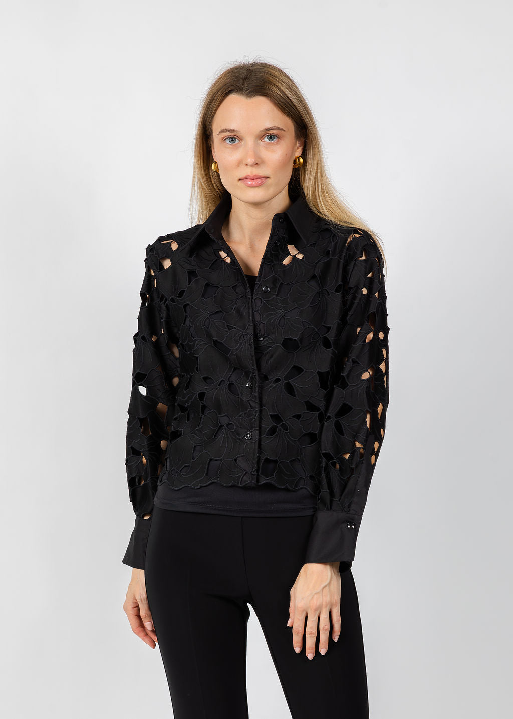 BK Eyelet Detailed Long Sleeve Top in Black available at Barbara Katz