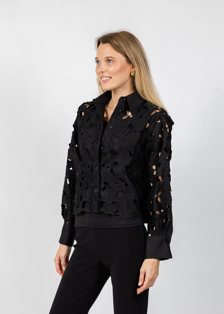 BK Eyelet Detailed Long Sleeve Top in Black available at Barbara Katz