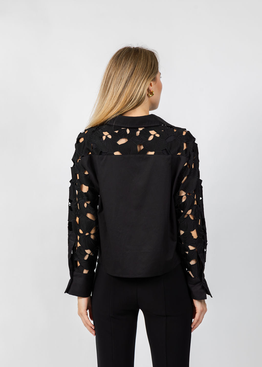 BK Eyelet Detailed Long Sleeve Top in Black available at Barbara Katz