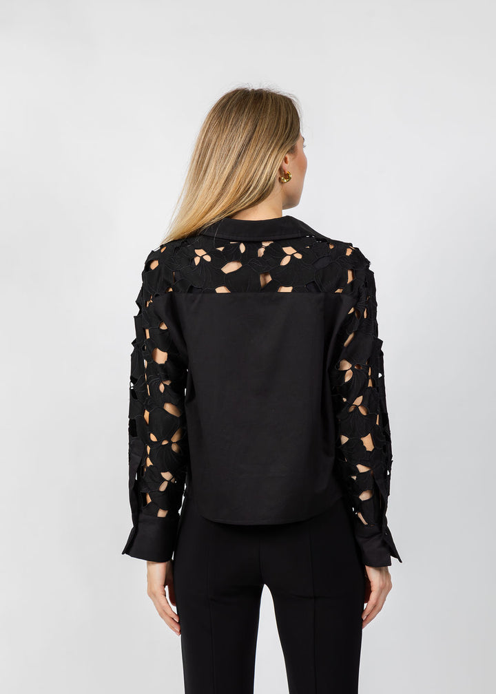 BK Eyelet Detailed Long Sleeve Top in Black available at Barbara Katz