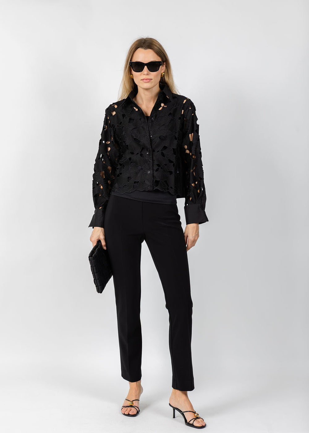BK Eyelet Detailed Long Sleeve Top in Black available at Barbara Katz