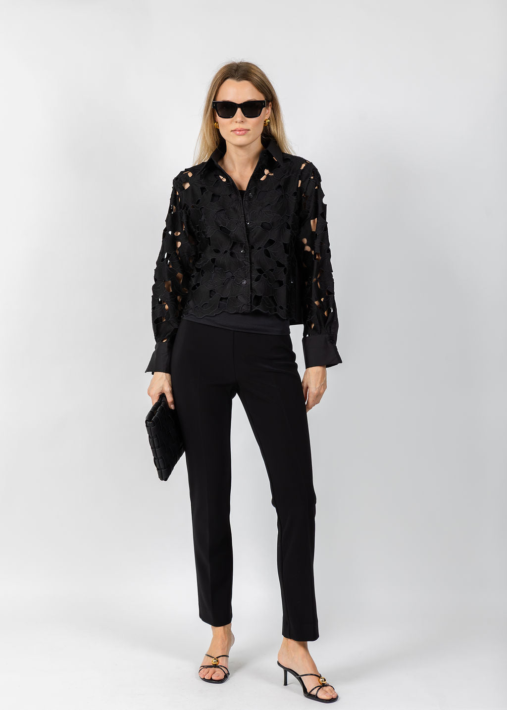 BK Eyelet Detailed Long Sleeve Top in Black available at Barbara Katz