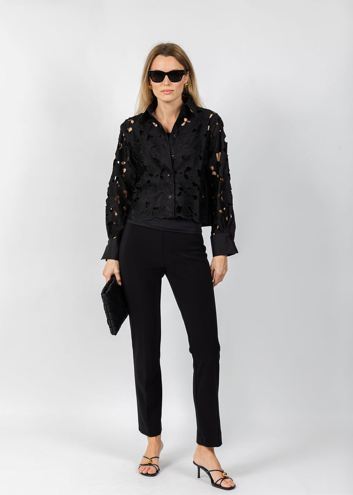 BK Eyelet Detailed Long Sleeve Top in Black available at Barbara Katz