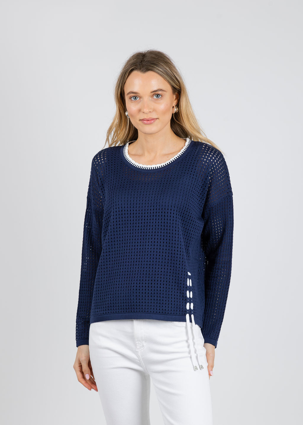 BK Fallon Crochet Tie Sweater in Navy/White available at Barbara Katz