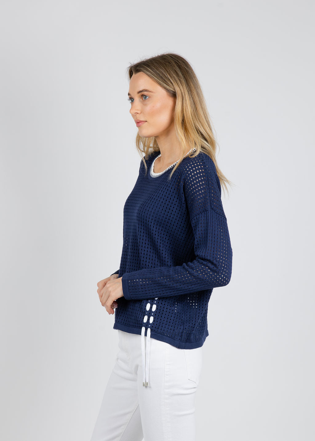 BK Fallon Crochet Tie Sweater in Navy/White available at Barbara Katz