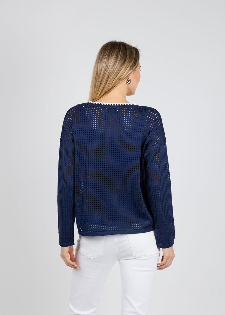 BK Fallon Crochet Tie Sweater in Navy/White available at Barbara Katz