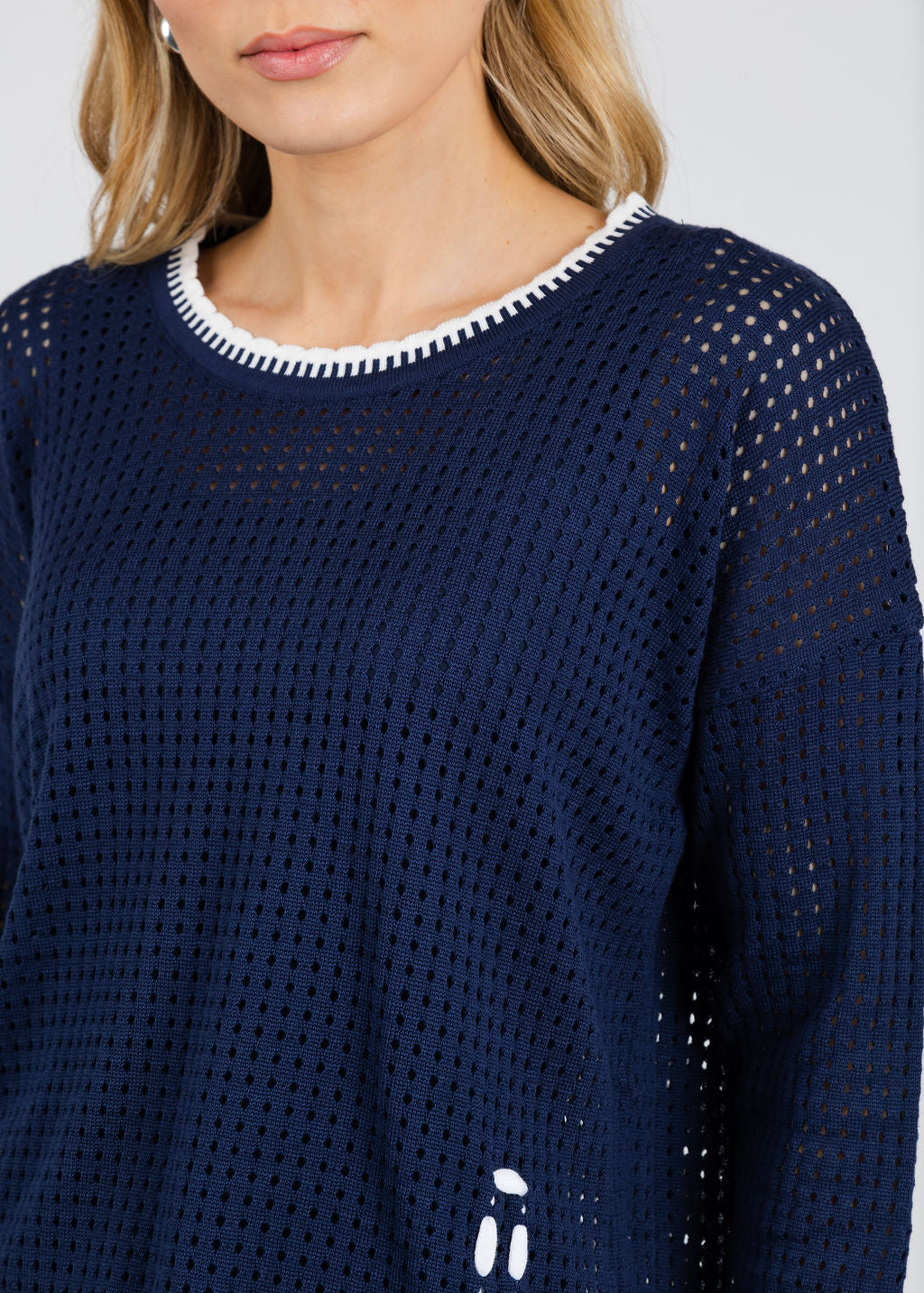 BK Fallon Crochet Tie Sweater in Navy/White available at Barbara Katz