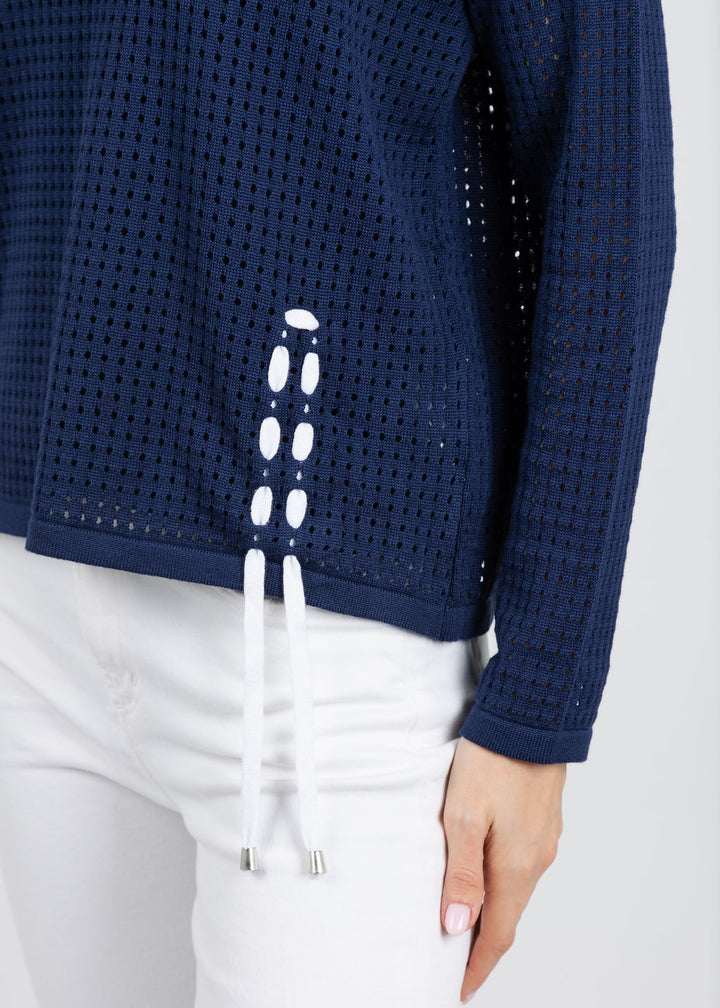 BK Fallon Crochet Tie Sweater in Navy/White available at Barbara Katz