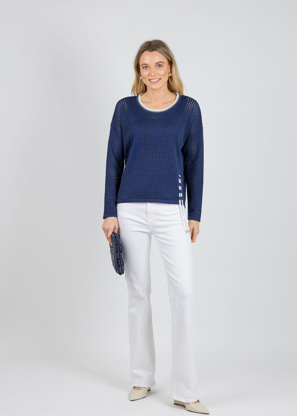 BK Fallon Crochet Tie Sweater in Navy/White available at Barbara Katz