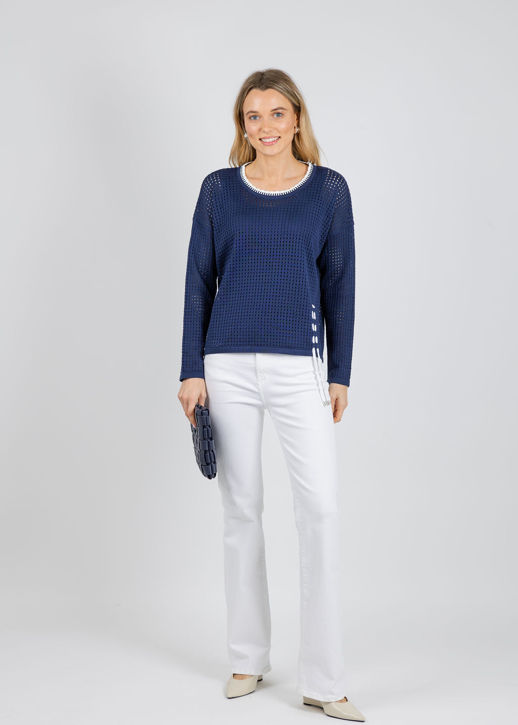 BK Fallon Crochet Tie Sweater in Navy/White available at Barbara Katz